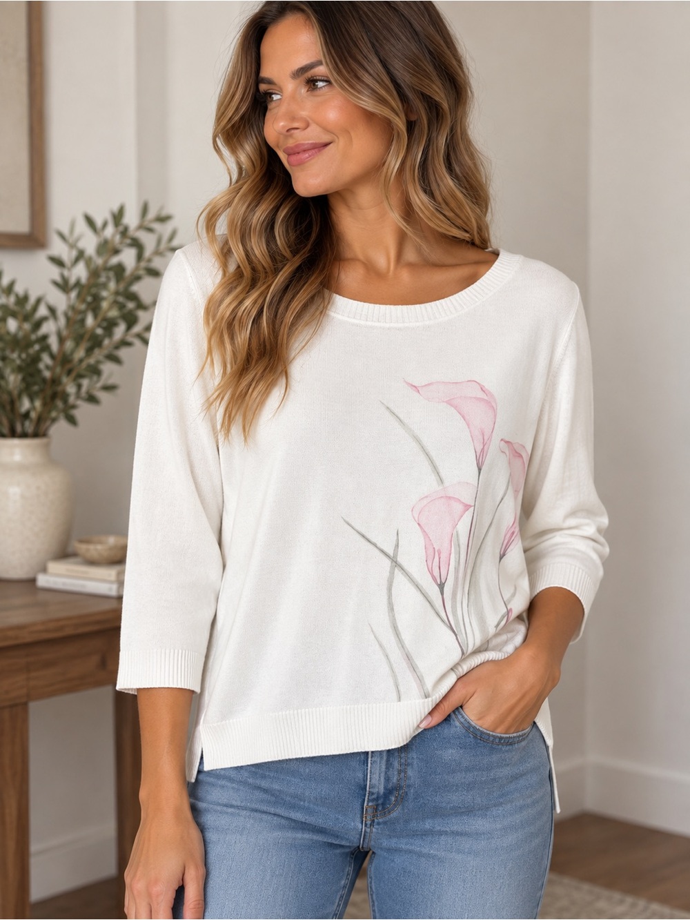 cleo White Scoop-Neck Long Sleeve Top with Pink Floral Detail